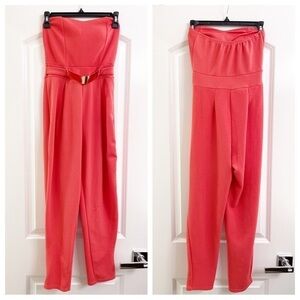 Fashion Magazine coral strapless jumpsuit